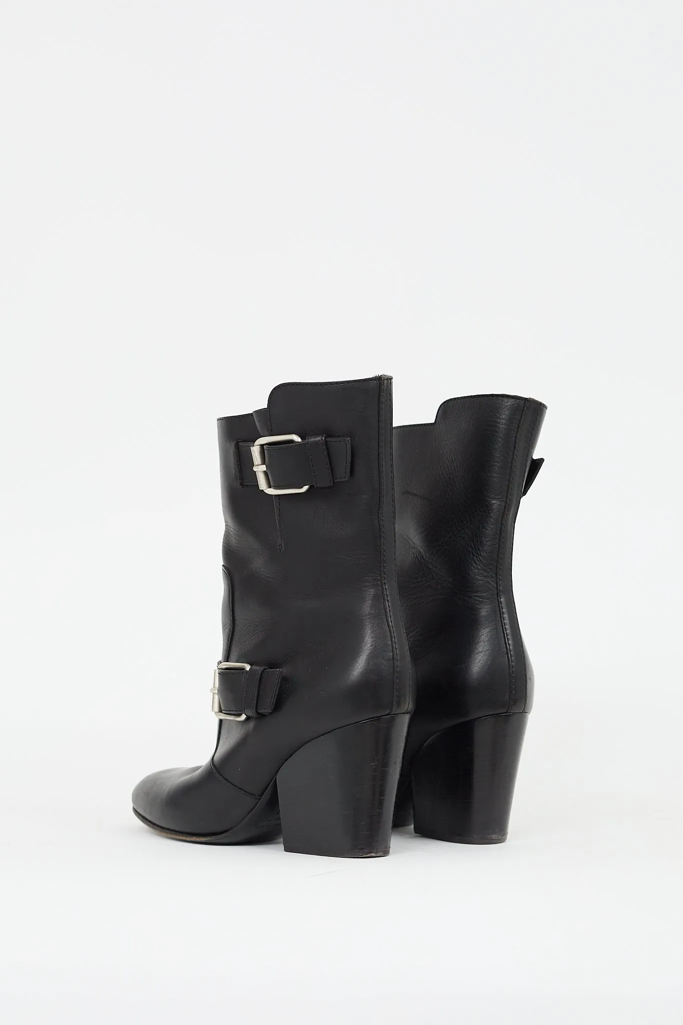 Black Leather Buckled Mid Calf Boot