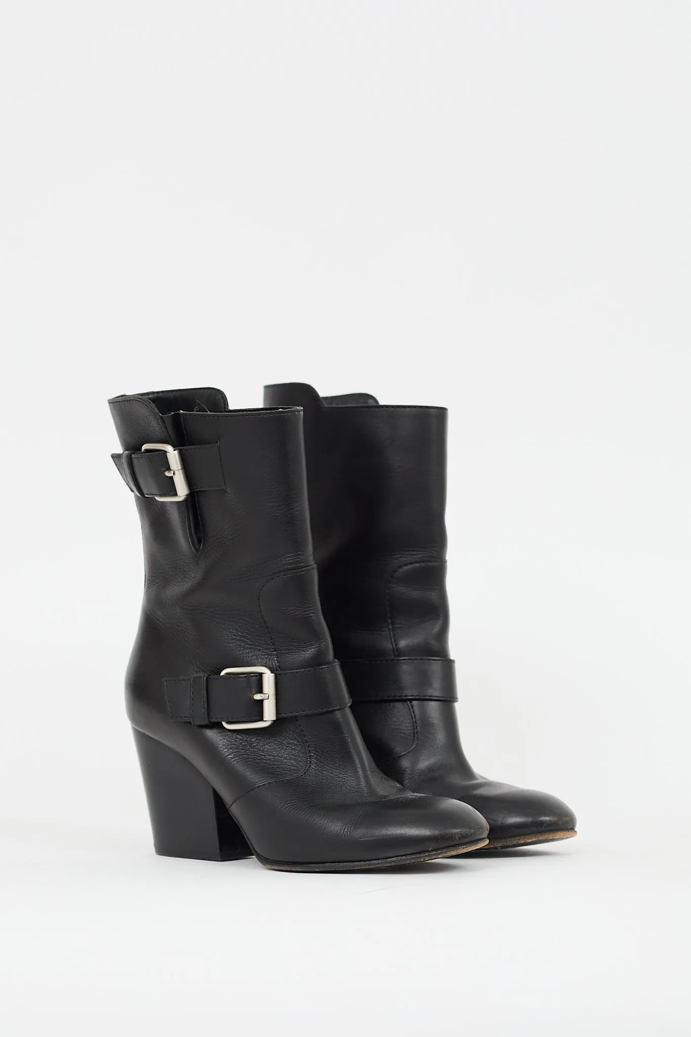 Black Leather Buckled Mid Calf Boot