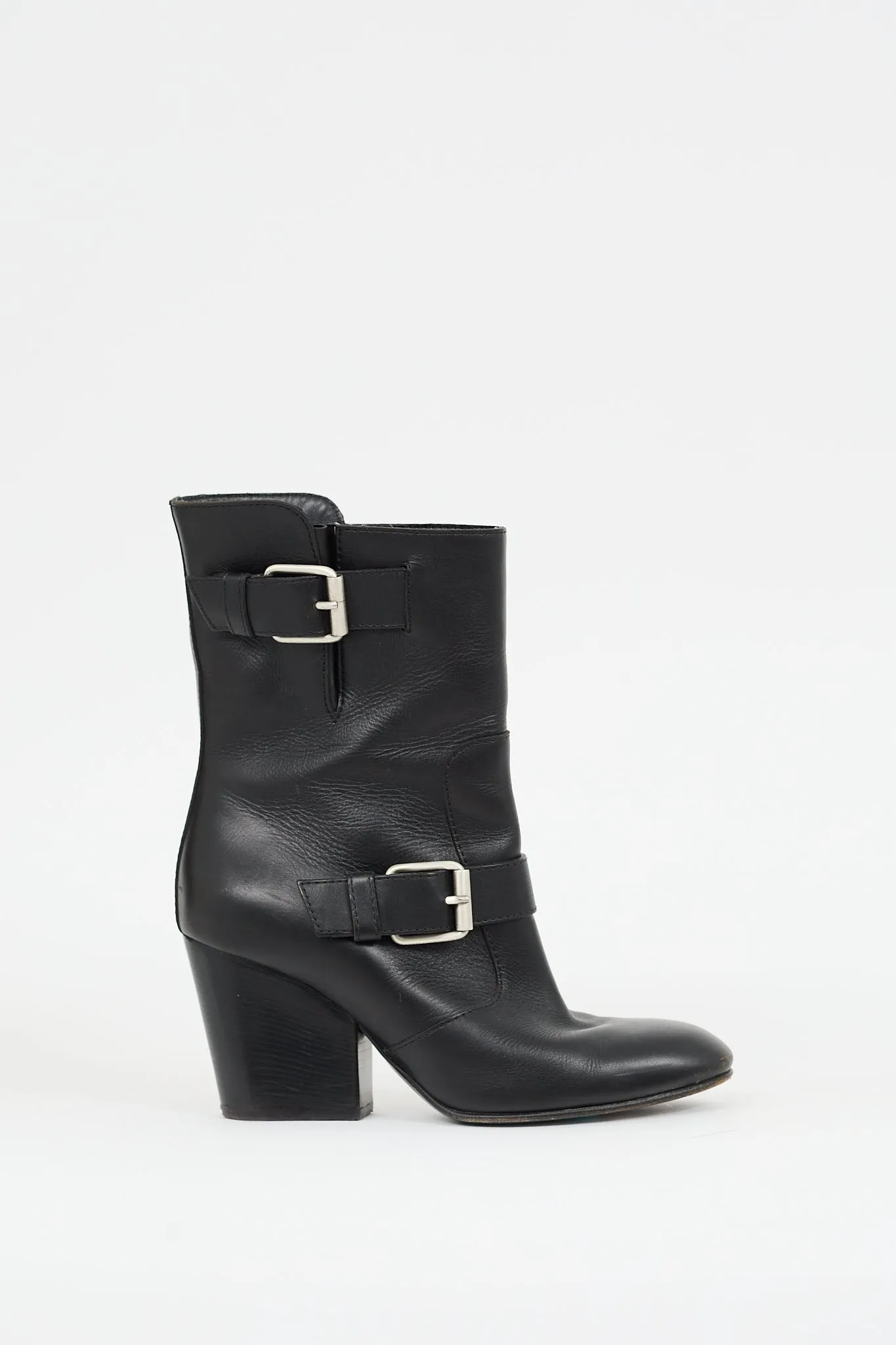 Black Leather Buckled Mid Calf Boot