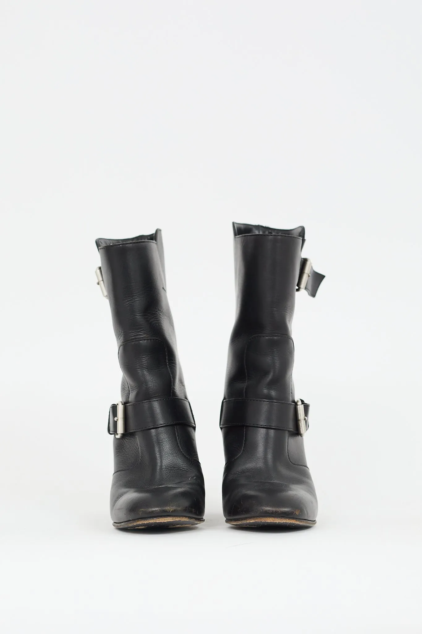 Black Leather Buckled Mid Calf Boot
