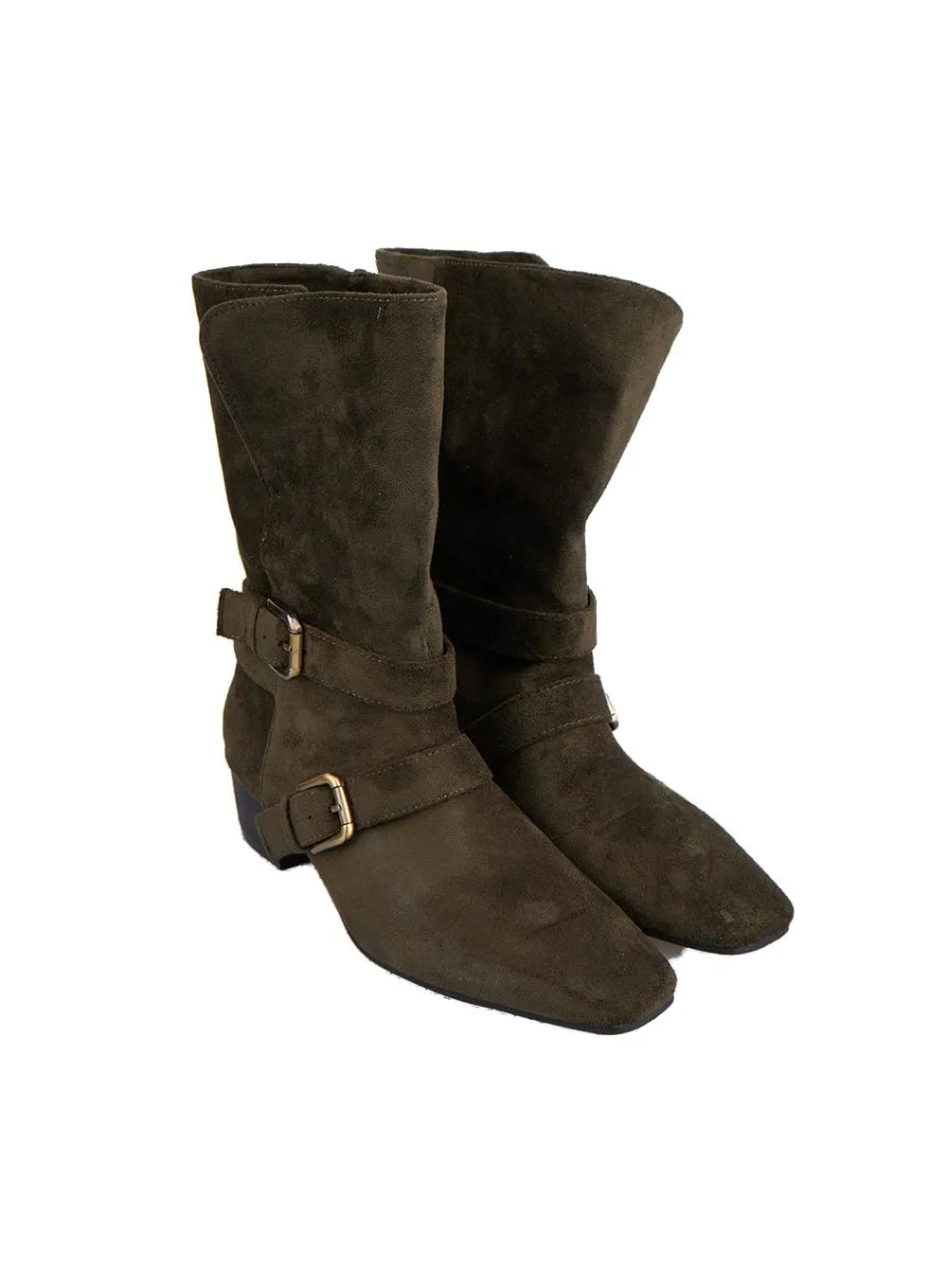 Suede Buckle Mid-Calf Boots IN427
