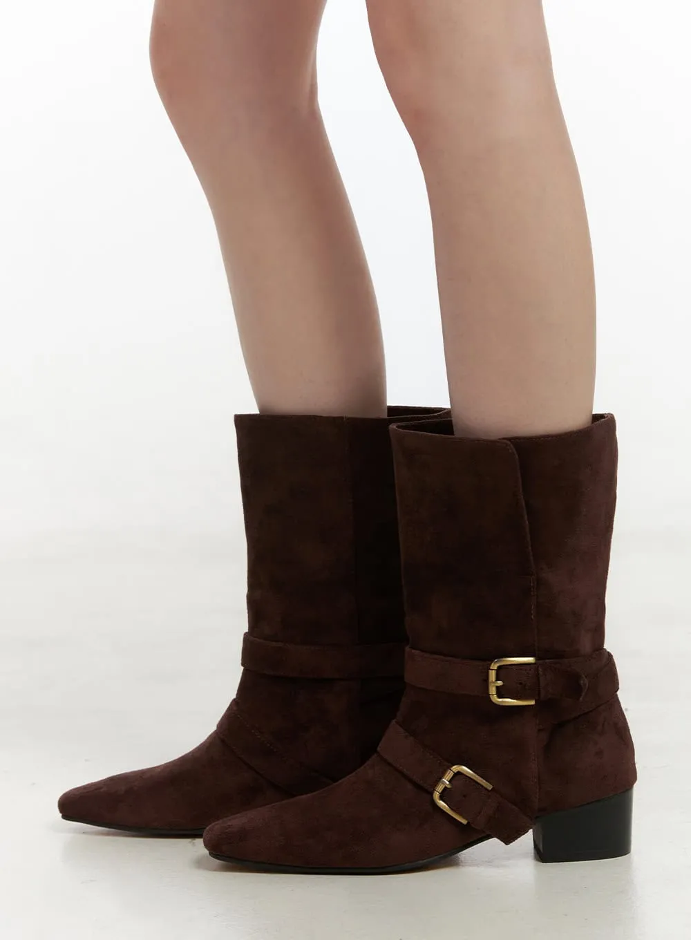 Suede Buckle Mid-Calf Boots IN427
