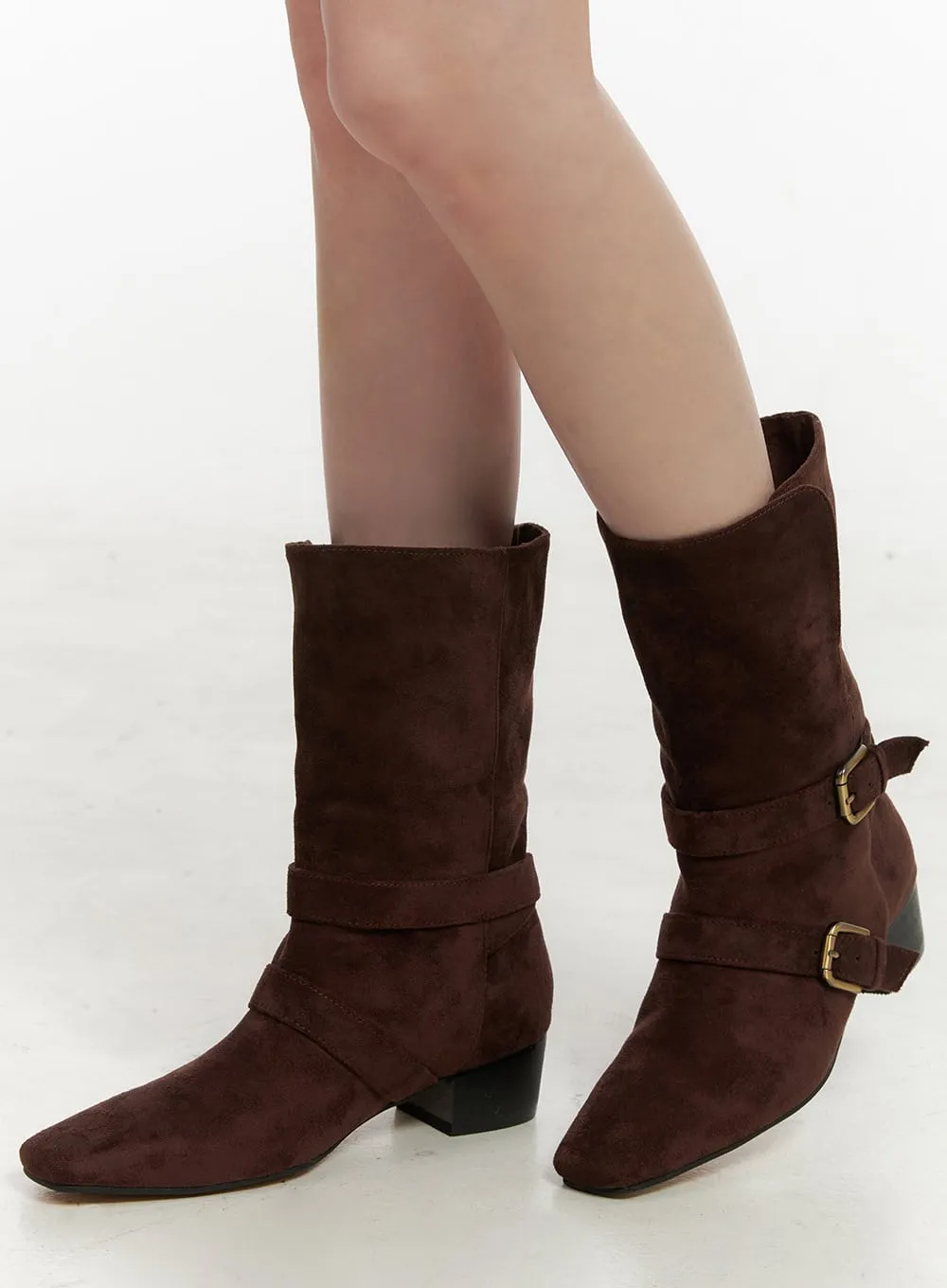 Suede Buckle Mid-Calf Boots IN427