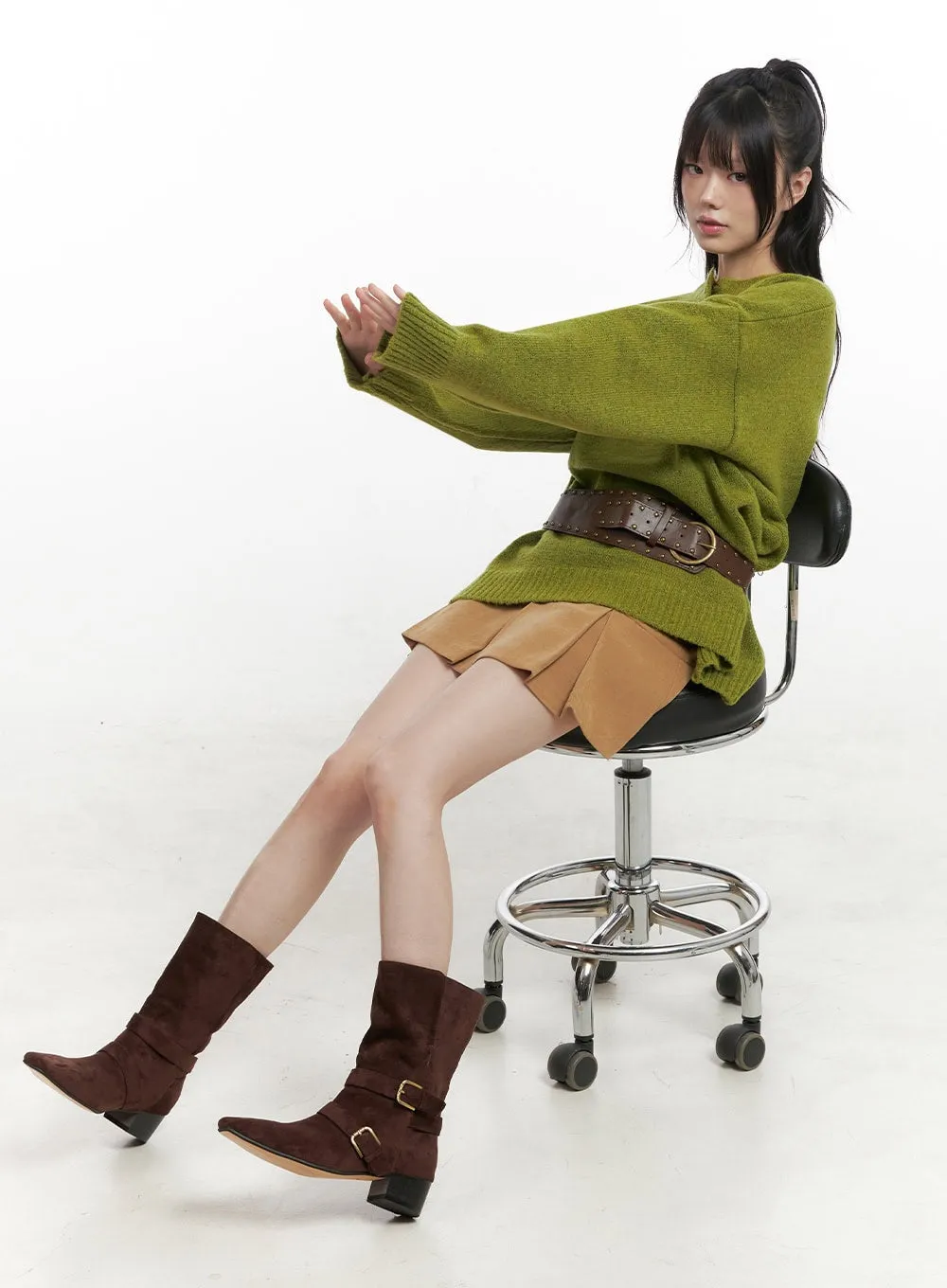 Suede Buckle Mid-Calf Boots IN427