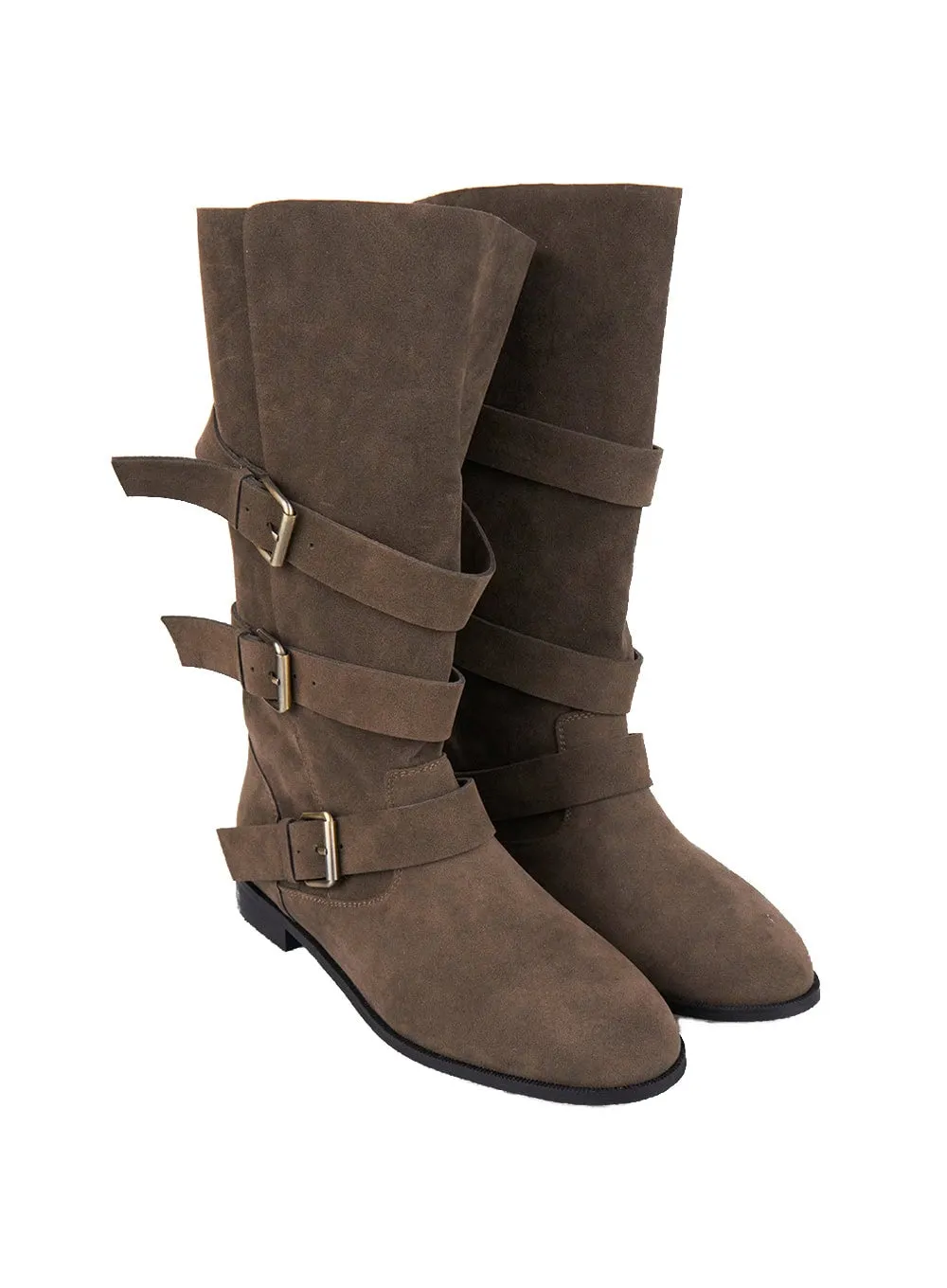 Triple Buckle Suede Mid-Calf Boots CJ511