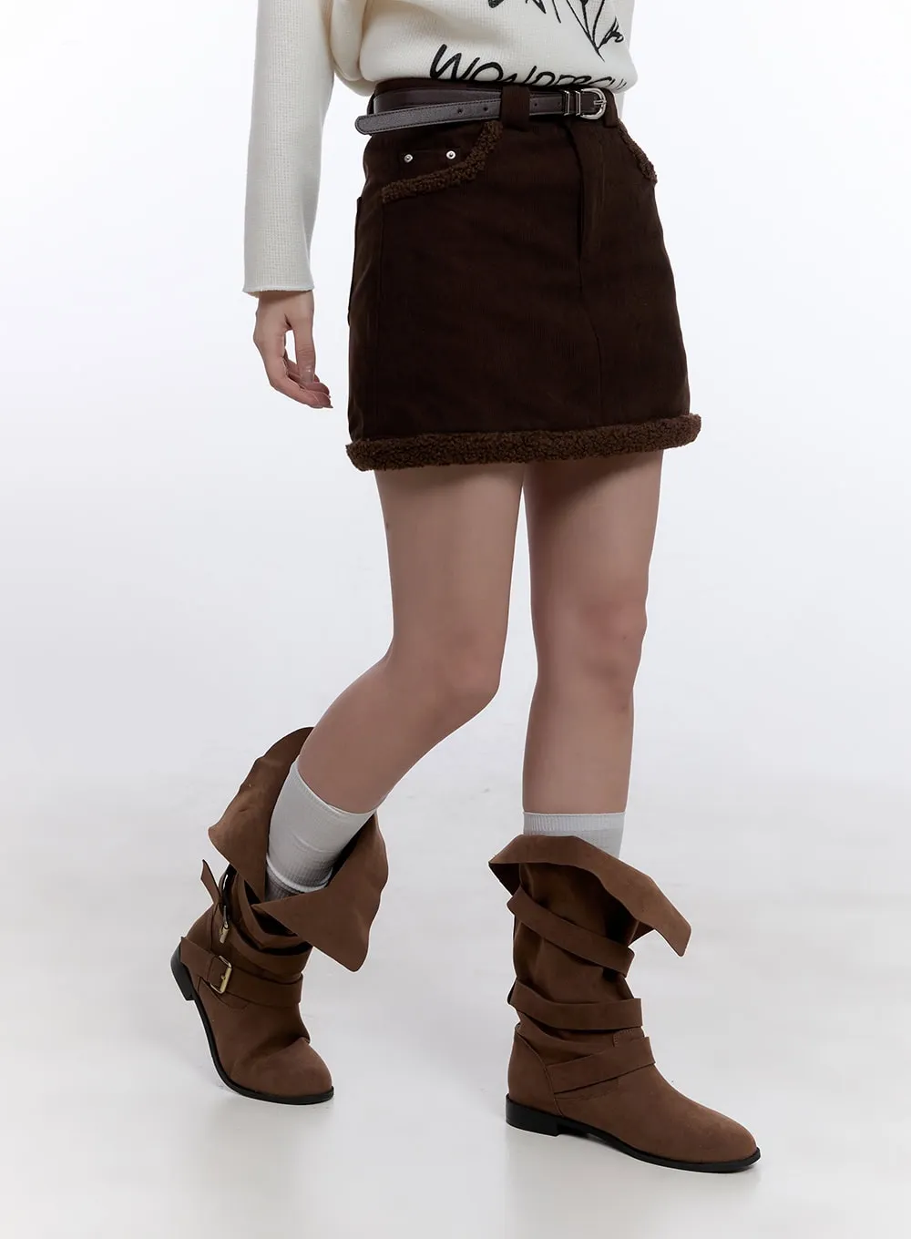 Triple Buckle Suede Mid-Calf Boots CJ511
