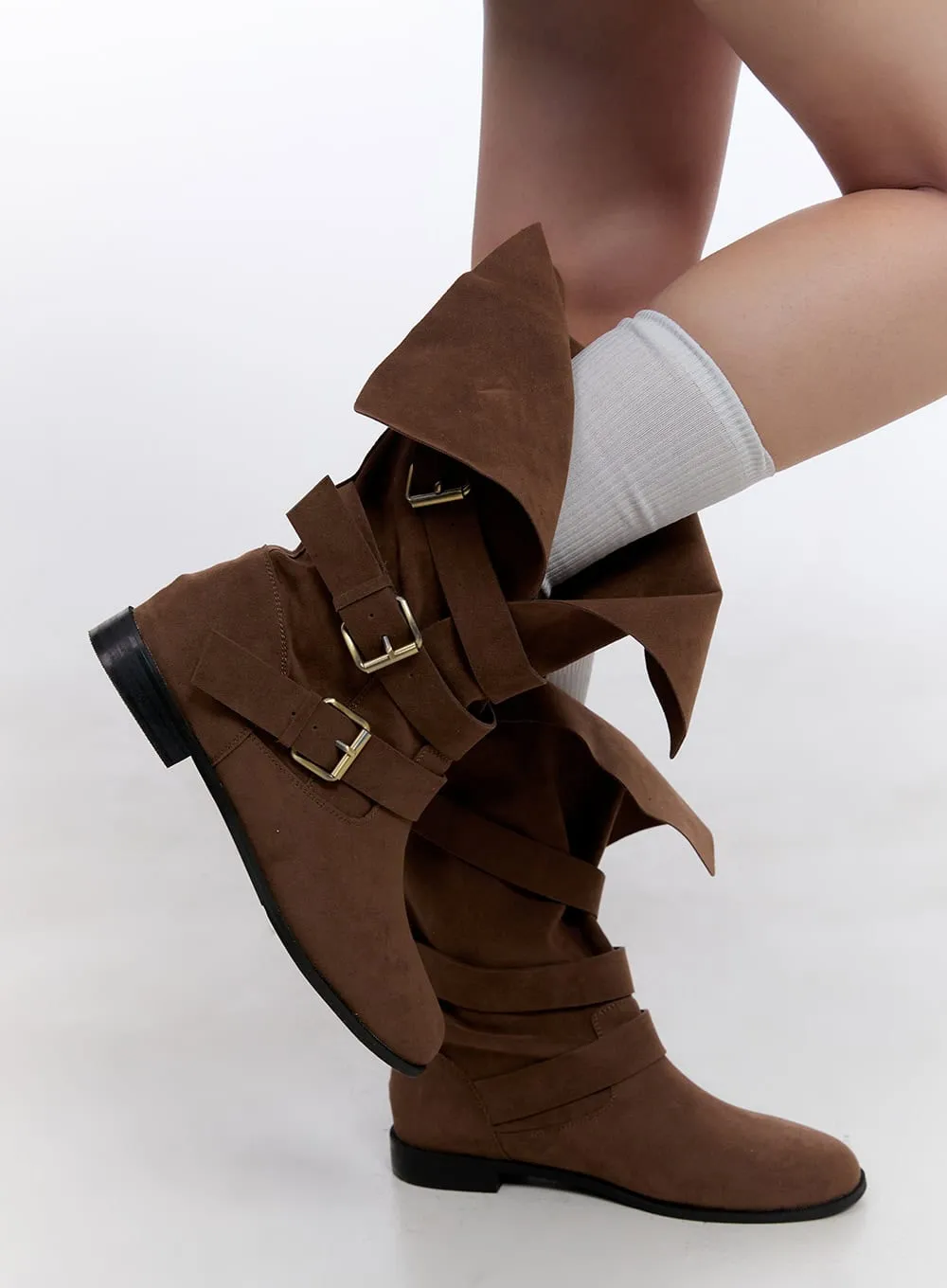 Triple Buckle Suede Mid-Calf Boots CJ511